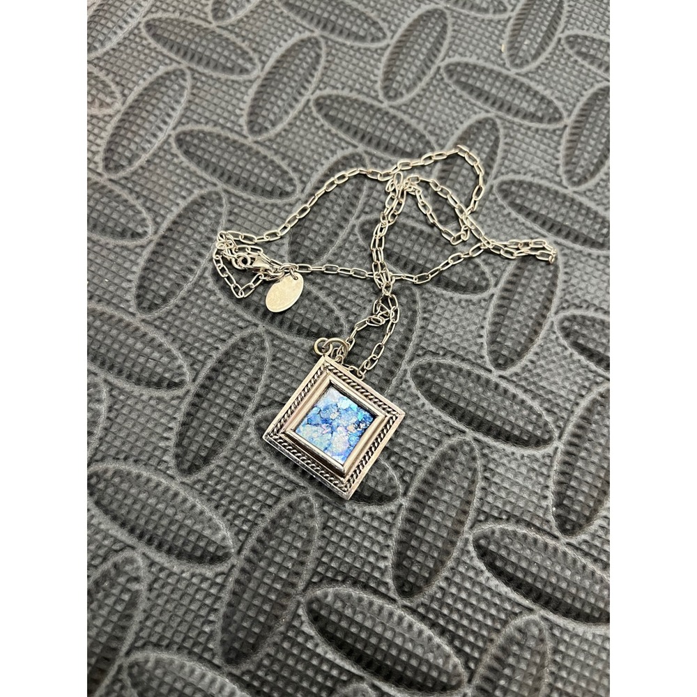 CW Sellors Israel 925 Silver Glass Necklace Women Blue Sterling 925 Square - Picture 2 of 8